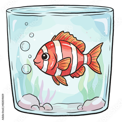 Colorful striped fish swimming in a glass aquarium with plants  