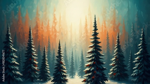 Abstract winter forest landscape with light and tall trees