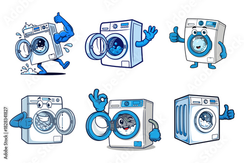 cartoon washing machines with various expressions and poses.