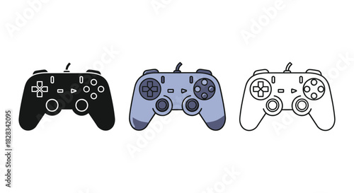 Set of three video game controller icons in black silhouette, colored illustration, and outline style