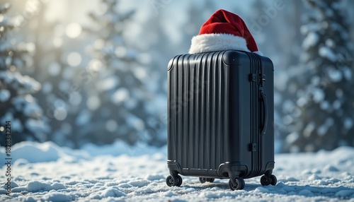 Black suitcase with a red santa hat on top in a snowy winter landscape, representing holiday travel and seasonal journeys