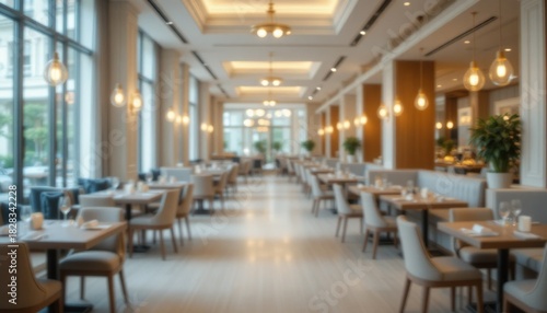Blurred background of an elegant modern restaurant interior with warm lighting and empty tables, suitable for luxury dining concepts