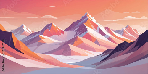 A panoramic winter sunset view of a flag atop a snowy mountain peak in the Alps with a cloudy sky and distant hills at sunrise