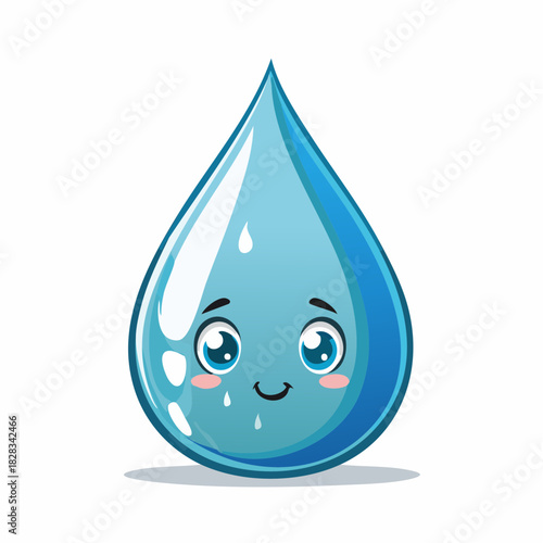 A cute and cheerful blue water drop character with large eyes and a gentle smile, flat 2D vector illustration