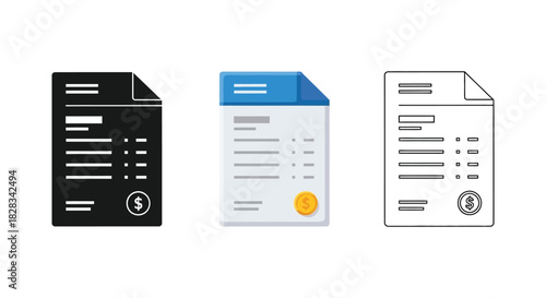 Set of three invoice document icons for bill payment in, black, outline, and solid styles