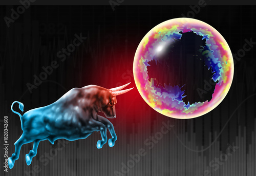 Bull Market Bubble business risk and Economic equities bubbles fear and overhyped Stock market speculation concept and overvalued companies due to greed or inflated economy as speculative valuation.