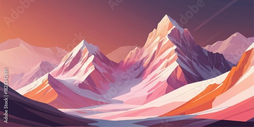 Scenic panorama of snow covered mountain peaks under a vibrant sunrise and sunset sky during a winter travel adventure in the high Alps