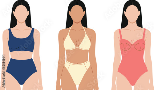 Minimalist Flat Vector Illustration Set of Women Modeling Diverse Swimwear Styles, Including Tankinis, Bikinis, and One-Piece Swimsuits for Summer and Beach Design Concepts