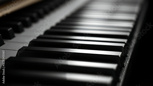 octet. Close-up of piano keys in black and white pattern, elegant musical instrument detail. lifestyle magazines, social media lookbooks, designed for influencer and brand collaborations.
