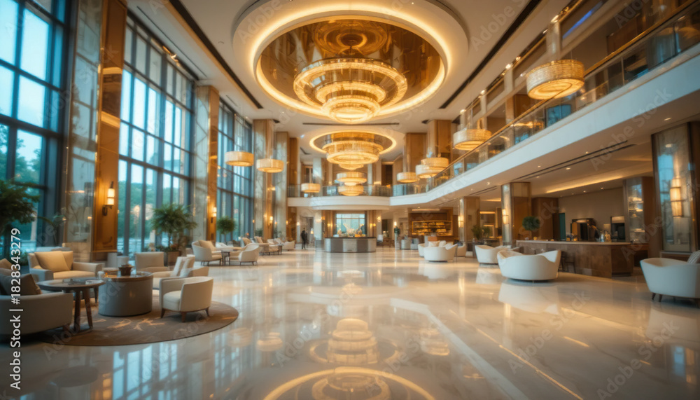 Obraz premium Opulent hotel lobby interior with sparkling crystal chandeliers, reflective marble floors, and comfortable lounge seating
