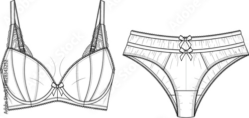 Detailed Technical Flat Vector Drawing of a Matching Women's Lingerie Set, Including an Underwired Bra with Lace Straps and a Frilled Brief with a Central Bow Detail