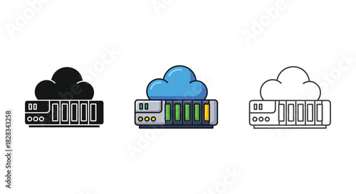 Set of three cloud server icons for storage, network device, and internet connection in different styles