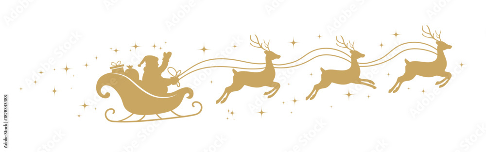 Naklejka premium Santa Claus ride sleigh with flying reindeer. Sparkles, stars decorative element. Santa Sleigh Silhouette. Merry christmas banner. Vector illustration