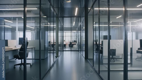 Modern office corridor with glass walls and empty workstations, reflecting a contemporary corporate environment. Ideal for themes of business, work, and architecture.