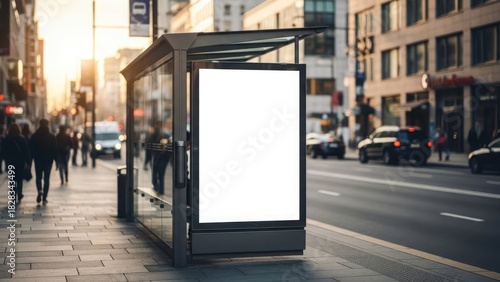 Bus stop shelter with a blank advertising billboard on a city street during daytime.