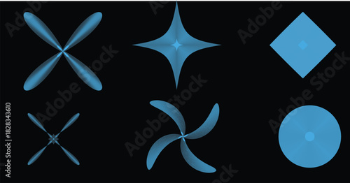  structured grid layout consisting of six blue shapes, all set against a stark black background, which enhances their visibility and impact. The arrangement of these shapes creates a balanced 