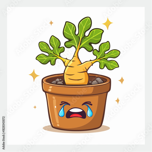 Adorable crying pot character nurturing a magical sparkling mandrake-like plant, a cute vector illustration