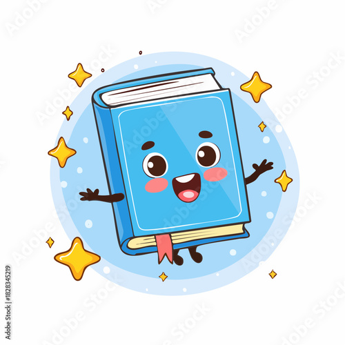 Cute blue book character smiling and floating with stars, a fun and engaging illustration for learning and imagination