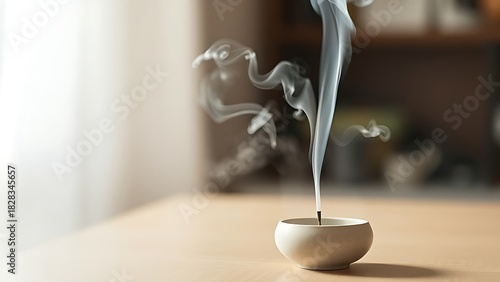 soliloquy. White smoke rising from a simple ceramic incense burner in soft indoor light. event programs, museum guides, designed for cultural heritage projects and event programs, supports education.
