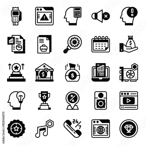 Business, Finance, and Digital Marketing Solid Icon Set. Collection of Investment, Technology, and Strategy Glyph Symbols.