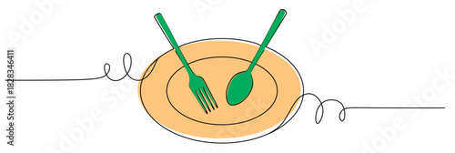 Continuous line art of a cutlery set consisting of an oval-shaped plate, knife, and fork with curved and twisting lines. This icon is for a restaurant sticker or banner with attractive colors