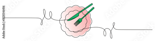 Continuous line art of a cutlery set consisting of a flower-shaped plate, knife, and fork with curved and swirling lines. This icon is for a restaurant sticker or banner with attractive colors