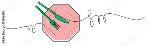 Continuous line art of a cutlery set consisting of an octagon-shaped plate, spoon, and fork with curved and twisted lines. This icon is for a restaurant sticker or banner with attractive colors