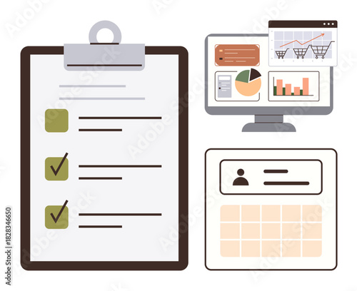 Task list on clipboard, analytics dashboard with charts, and user profile in grid layout. Ideal for planning, organization, workflow, management, productivity analytics business solutions. Simple