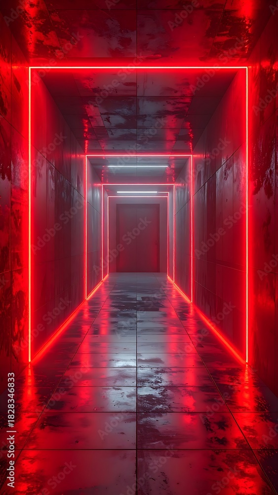 Obraz premium Illuminated futuristic corridor with red neon frames and textured walls