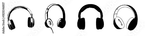 Set Black and White Silhouette Headphone Vector Ideal for audio, music, sound, and simple technology graphics. Symbolizes listening, entertainment, personal media, and sound.