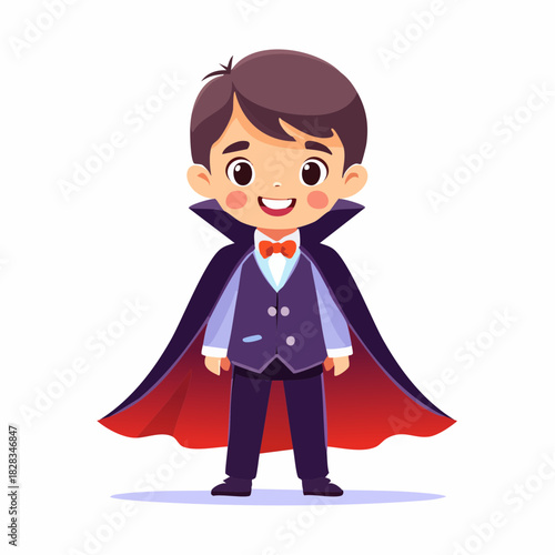 An adorable little boy dressed as a friendly vampire for Halloween, featuring a cute costume with a cape and bow tie, flat vector illustration