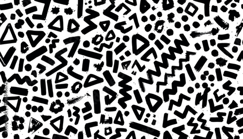 Abstract black and white doodle style chaotic geometric pattern