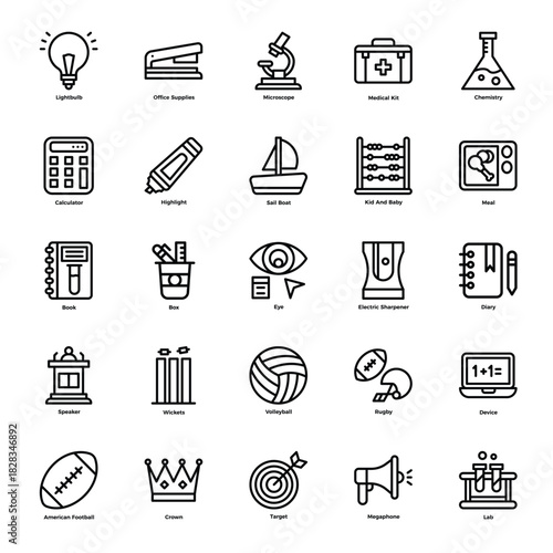 Education, Science, and Sports Line Icon Set. Collection of School, Laboratory, and Competition Outline Symbols.