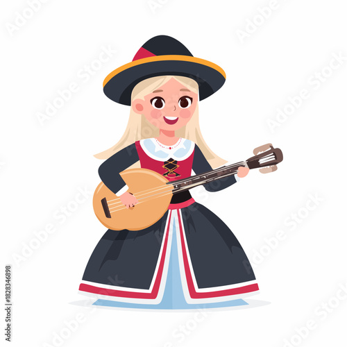 Cartoon girl in traditional costume playing lute, festive musical illustration