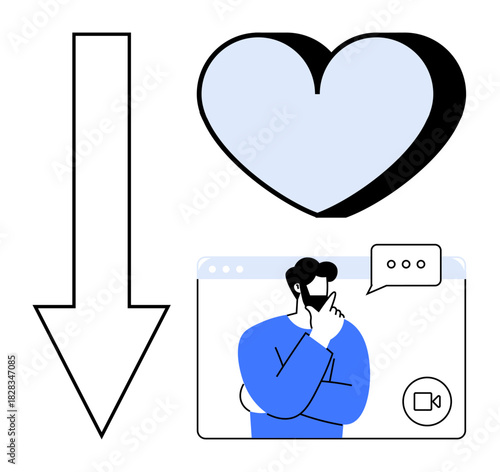 Blue heart, downward arrow, and man in a chat box with speech bubble. Ideal for communication, gratitude, empathy, digital connection, decision-making, virtual interaction simple flat metaphor