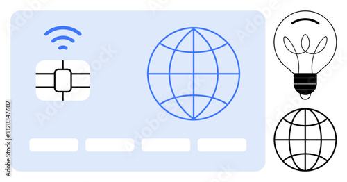 Chip icon, wireless signal, globe, and lightbulb. Ideal for innovation, global network, technology, communication connectivity smart solutions creativity. Modern design with a simple flat metaphor