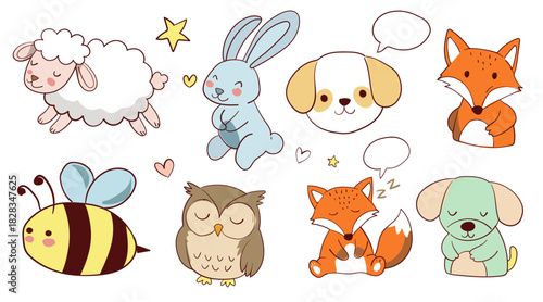 Doodle animals set, collection of adorable illustration characters, goat, rabbit, dog, fox, bee, owl, isolated on white background