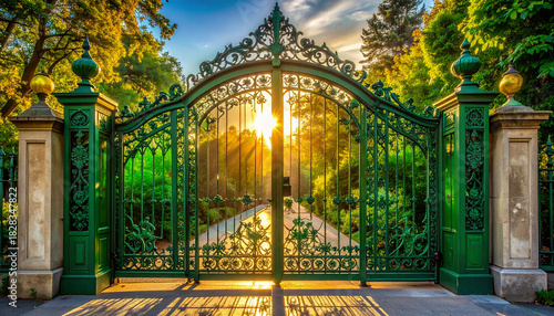 Fototapeta Naklejka Na Ścianę i Meble -  Grand green wrought iron gates open to a sun-drenched park pathway and trees Keywords: grand, green, wrought iron