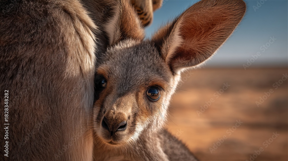 Fototapeta premium Sweet Young Kangaroo Hiding Behind Its Mother in Australian Outback with Clear Blue Sky and Desert Landscape in Background