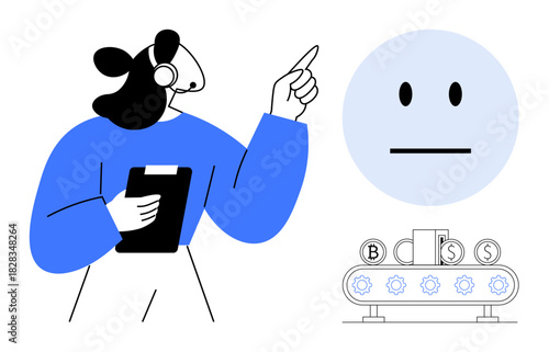 Customer service agent holding clipboard, gesturing at feedback face next to automation conveyor. Ideal for feedback analysis, customer service, efficiency, AI, business processes, automation