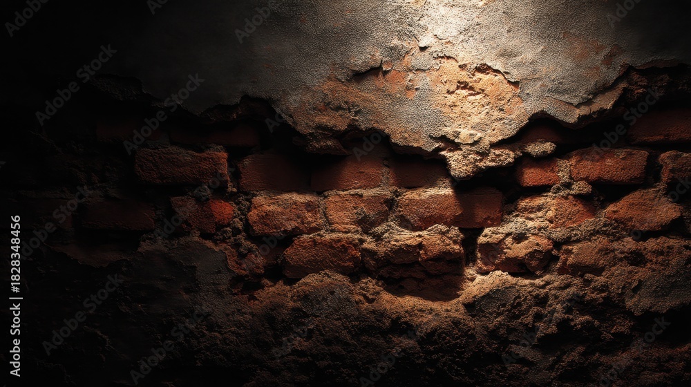Fototapeta premium Textured Wall Background with Cracked Paint, Exposed Brick and Shadows for Artistic or Architectural Use