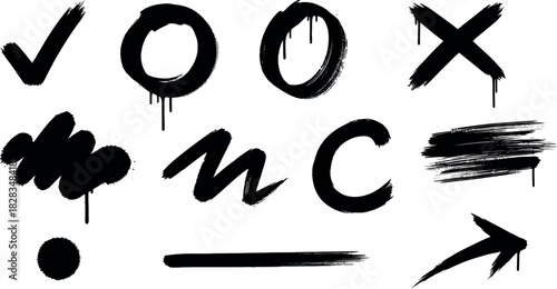 Various black grunge hand drawn marks, check, circle, x, and arrow