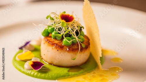Quadro su tela Exquisite seared scallop dish garnished with microgreens edible flowers and pea