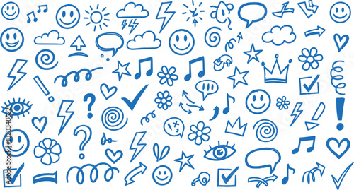 Playful blue hand-drawn doodle icon pattern on white background