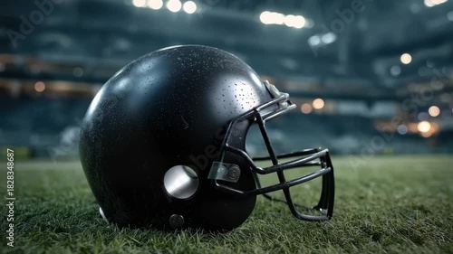 Black football helmet resting on green field under stadium lights during evening practice at a sports complex