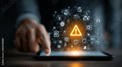 Hand Touching Tablet Screen with Orange Alert Sign and Network Data Globe, Digital Risk Management and Cybersecurity Warning Concept