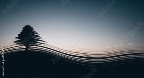 Silhouette of a Pine Tree Against a Wavy Sky at Dusk.