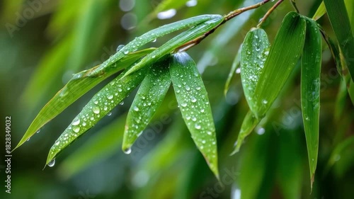Close up of fresh bamboo leaves adorned with glistening water droplets in a lush green setting during a serene morning
