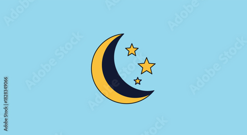 A stylized crescent moon with a dark blue and gold color scheme is accompanied by three golden stars of varying sizes, all set against a tranquil light blue background.