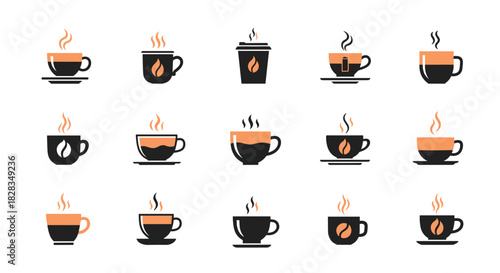 A collection of modern flat design coffee cup icons with steam, featuring various hot beverage containers and coffee-related symbols.